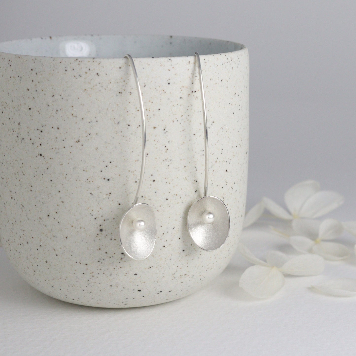 Single Large Seed Silver Long Wire Earrings with Crystal Pearls