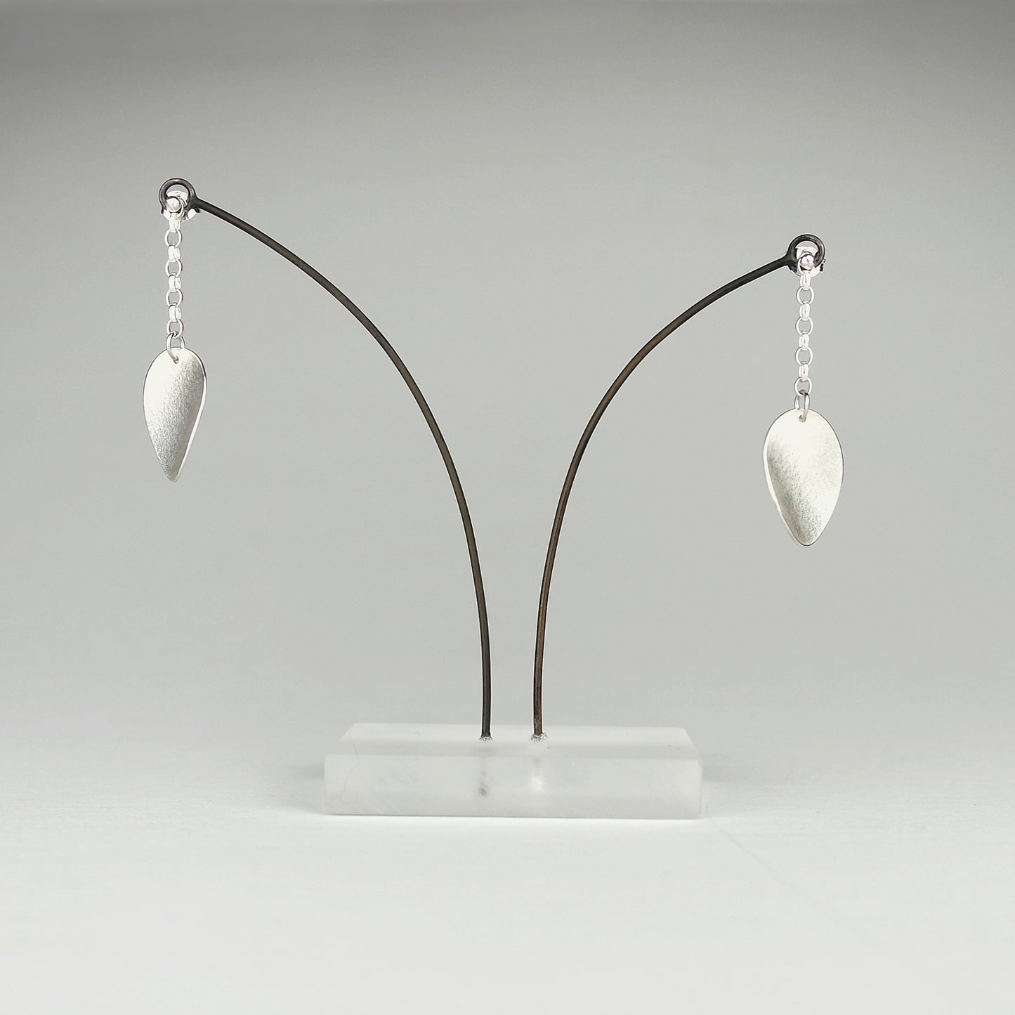 Large Curled Petal on Chain Silver Stud Earrings