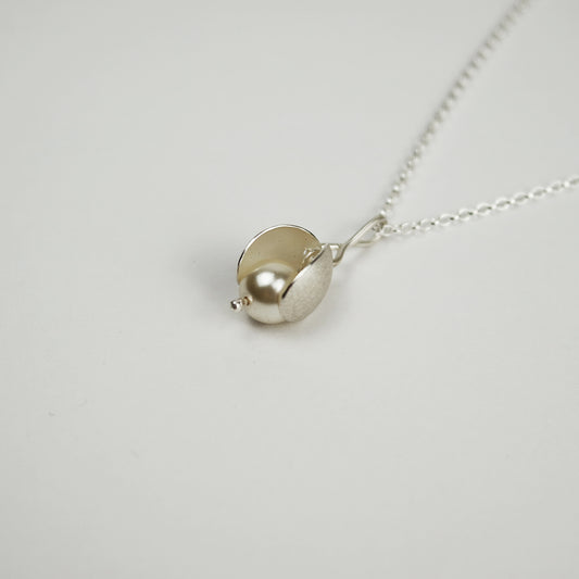 Flower Bud Silver Necklace on Fine Chain with Crystal Pearl