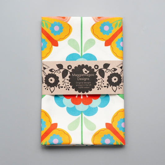 Moth & Floral White Tea Towel