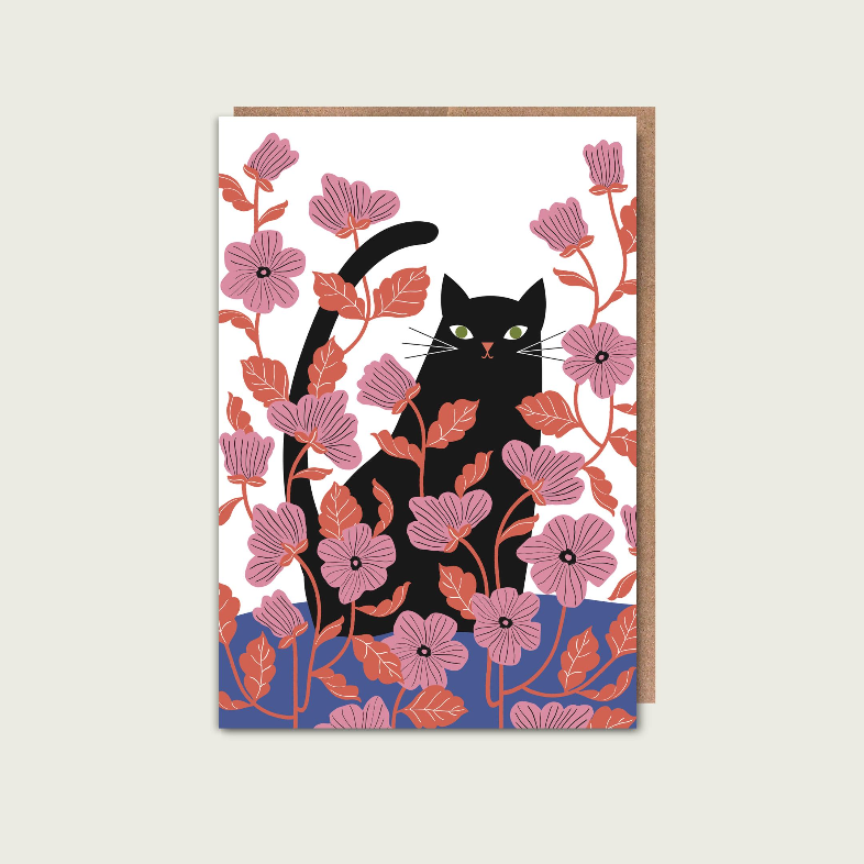 Black Cat in a Red Floral Garden Greeting Card