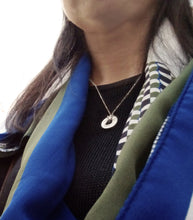 Load image into Gallery viewer, by Yuki Assiter  Pond Ripple inspired disc and a diamond cut ball chain necklace. Available in sterling silver and yellow gold.  Disk: approx.18mm diameter x 2.5mm height Chain: 1.2mm thickness, approx. 460mm length