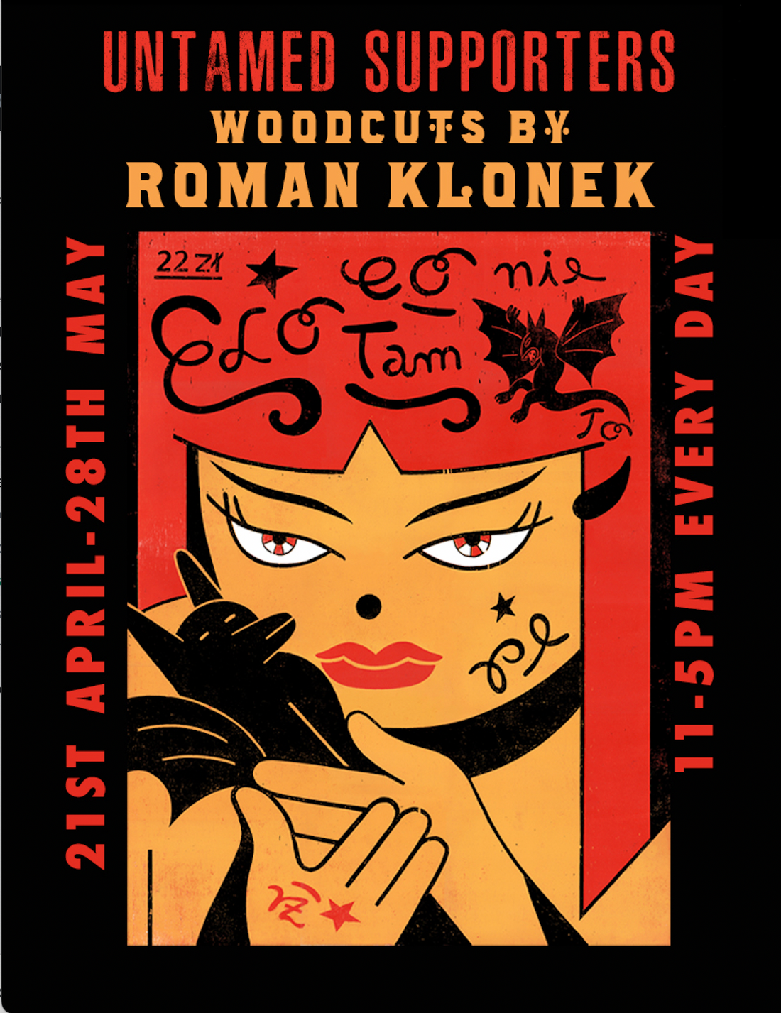 A woodcut print by Roman Klonek showing a woman with red hair holding a black bat.