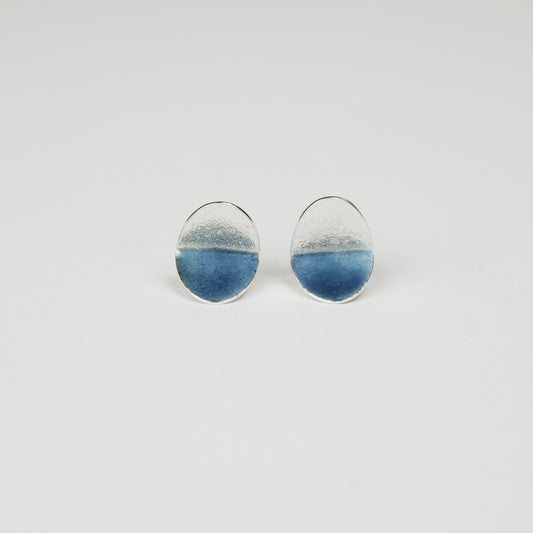 Folded Oval Studs in Blue Grey / Textured Silver