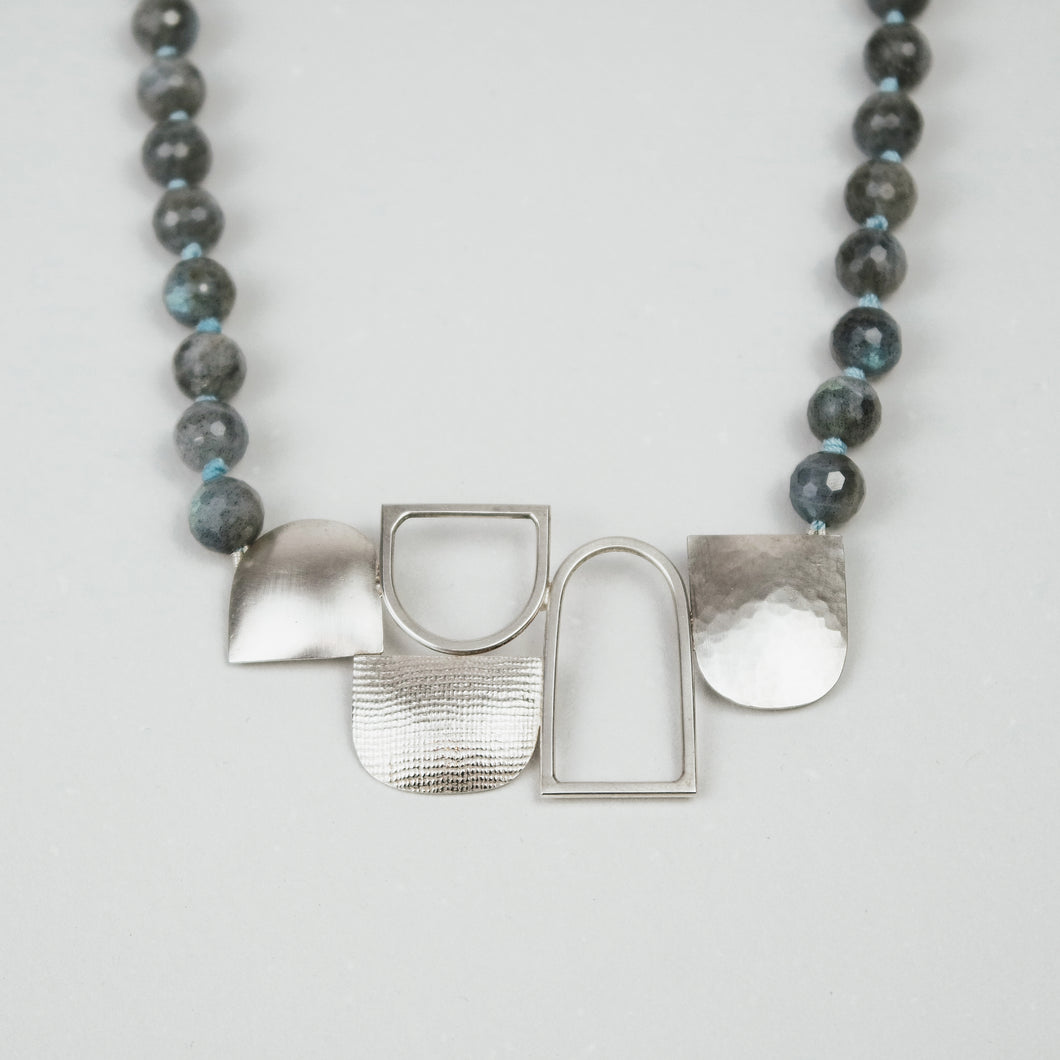 Five Textured Shapes on Round Labradorite Bead Necklace