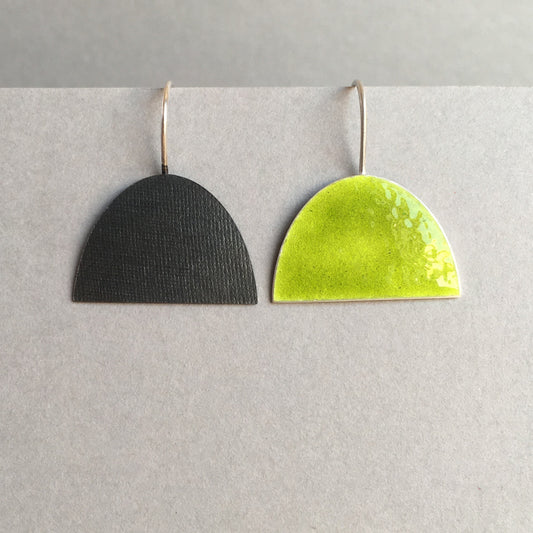 Half Oval Earrings in Yellow Green / Textured Oxidised Silver