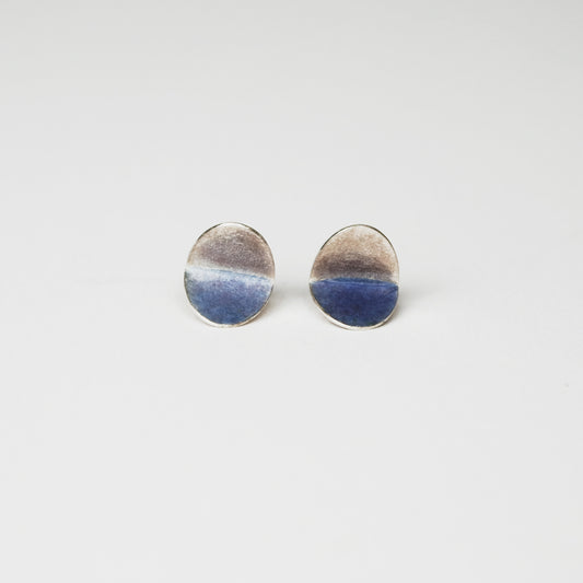 Folded Oval Studs in Violet Blue / Textured Silver