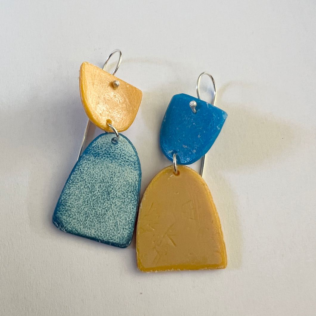 Beach Dangle Earrings in Blue and Ochre