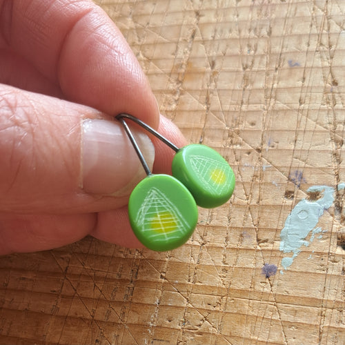 Mini Round Drop Hook Earrings in Green & Yellow