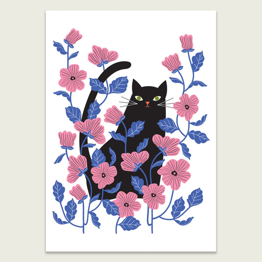 Black Cat in a Blue Floral Garden
