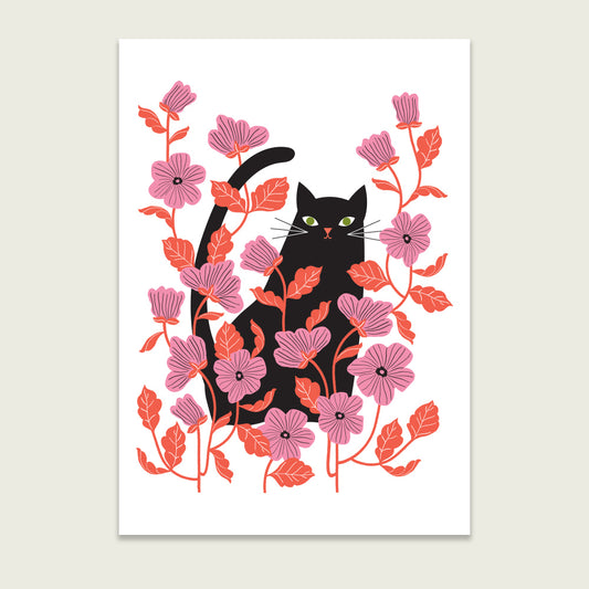 Black Cat in a Red Floral Garden