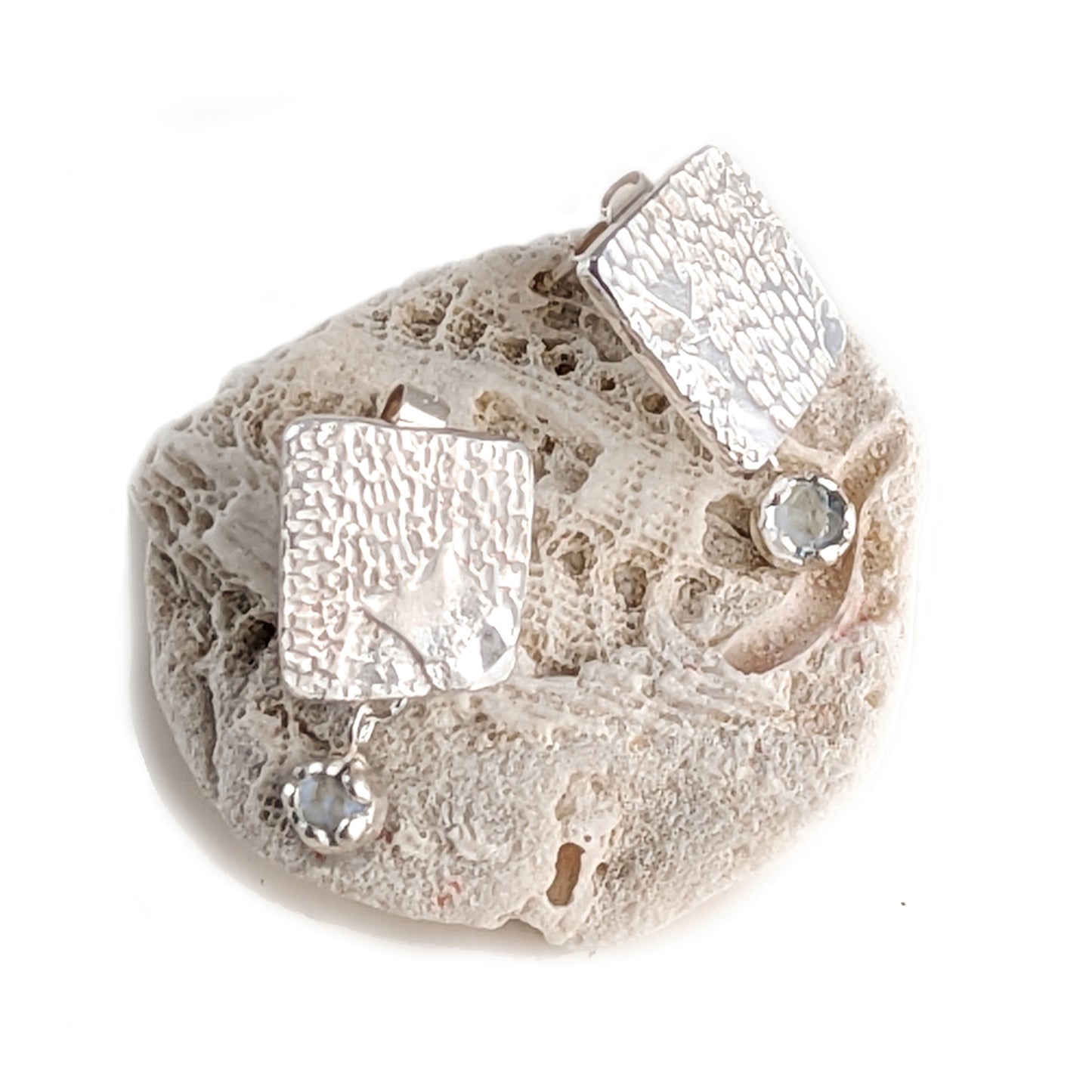 White Coral Beach Square Studs with Hanging Aquamarine