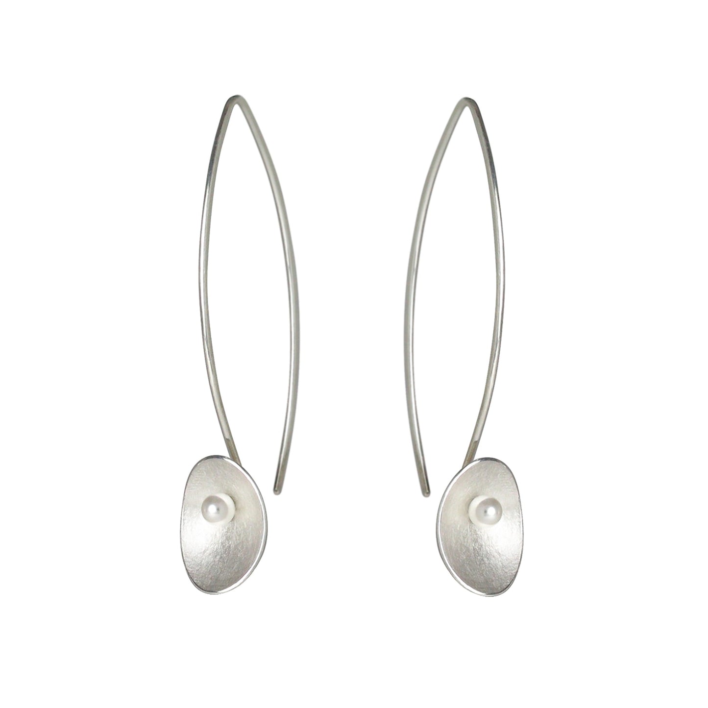 Single Large Seed Silver Long Wire Earrings with Crystal Pearls