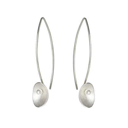 Single Large Seed Silver Long Wire Earrings with Crystal Pearls