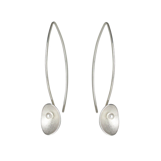 Single Large Seed Silver Long Wire Earrings with Crystal Pearls