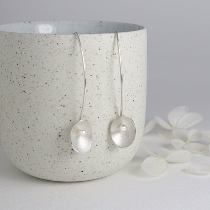 Single Large Seed Silver Long Wire Earrings with Crystal Pearls