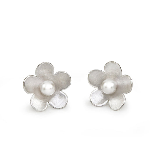 Blossom Silver Stud Earrings with Crystal Pearls
