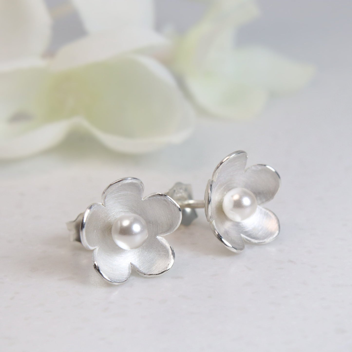 Blossom Silver Stud Earrings with Crystal Pearls