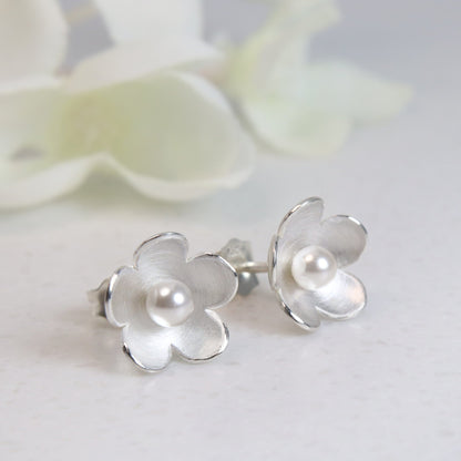 Blossom Silver Stud Earrings with Crystal Pearls