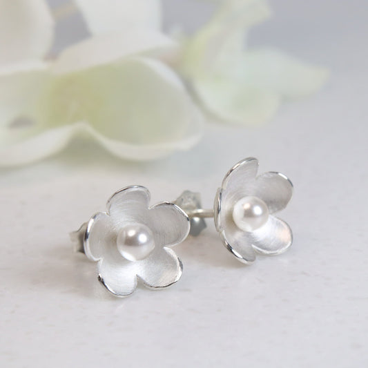 Blossom Silver Stud Earrings with Crystal Pearls