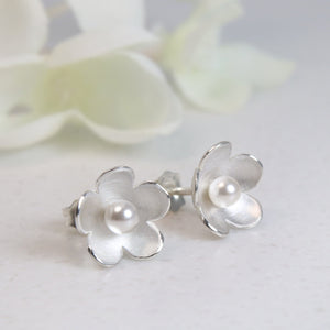 Blossom Silver Stud Earrings with Crystal Pearl