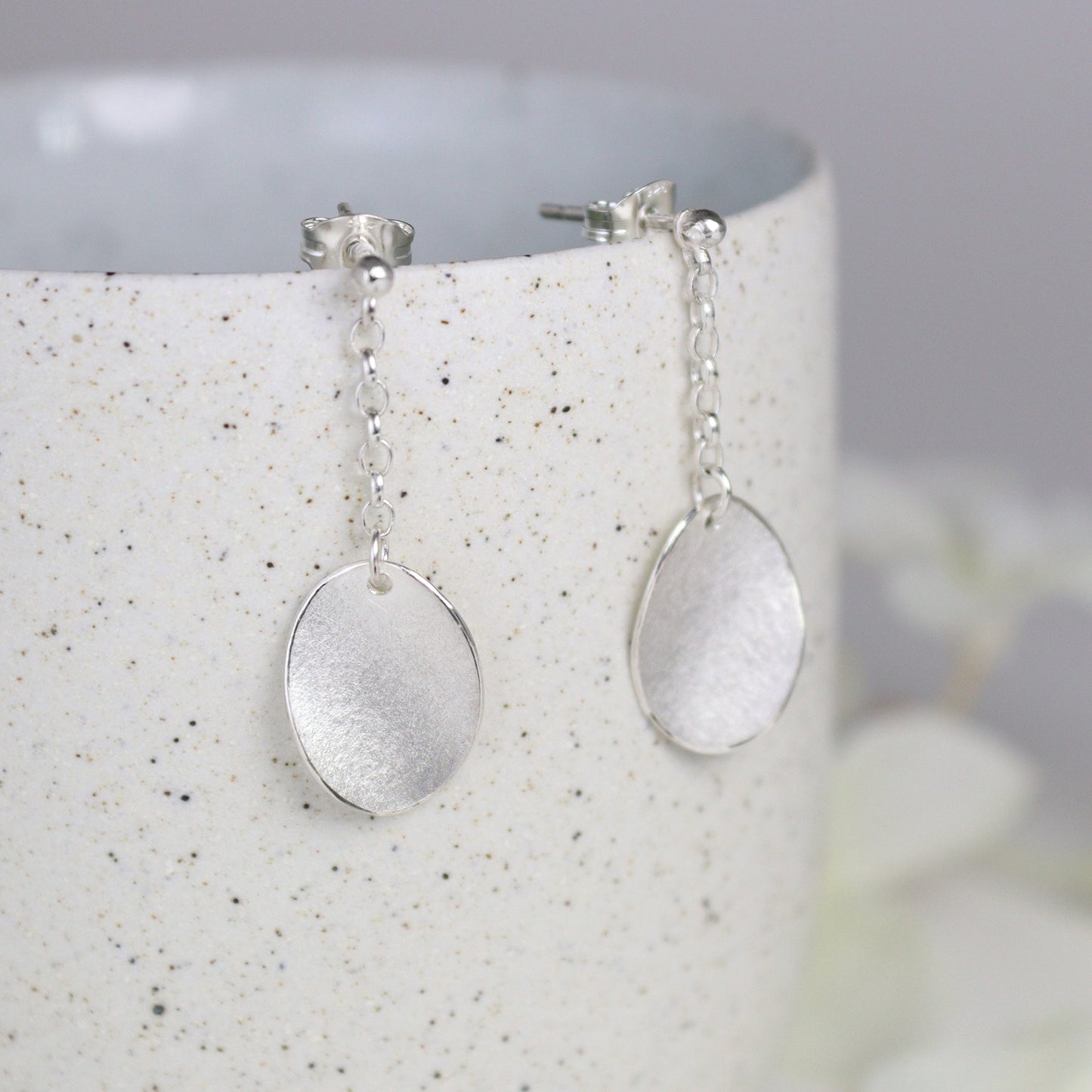 Medium Curled Petal Silver on Chain Stud Earrings