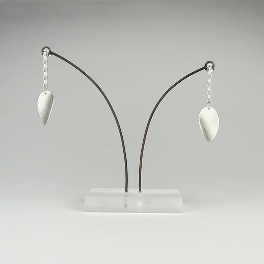 Large Curled Petal on Chain Silver Stud Earrings