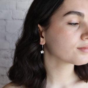 Small Blossom Long Wire Silver Earrings with Crystal Pearl