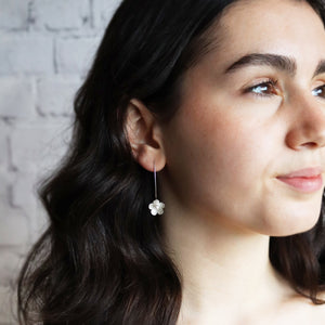 Large Blossom Long Wire Silver Earrings with Crystal Pearl