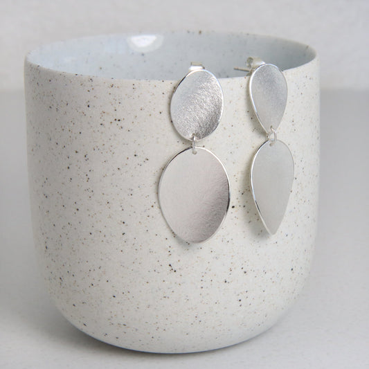 Large Double Curled Petal Silver Stud Earrings