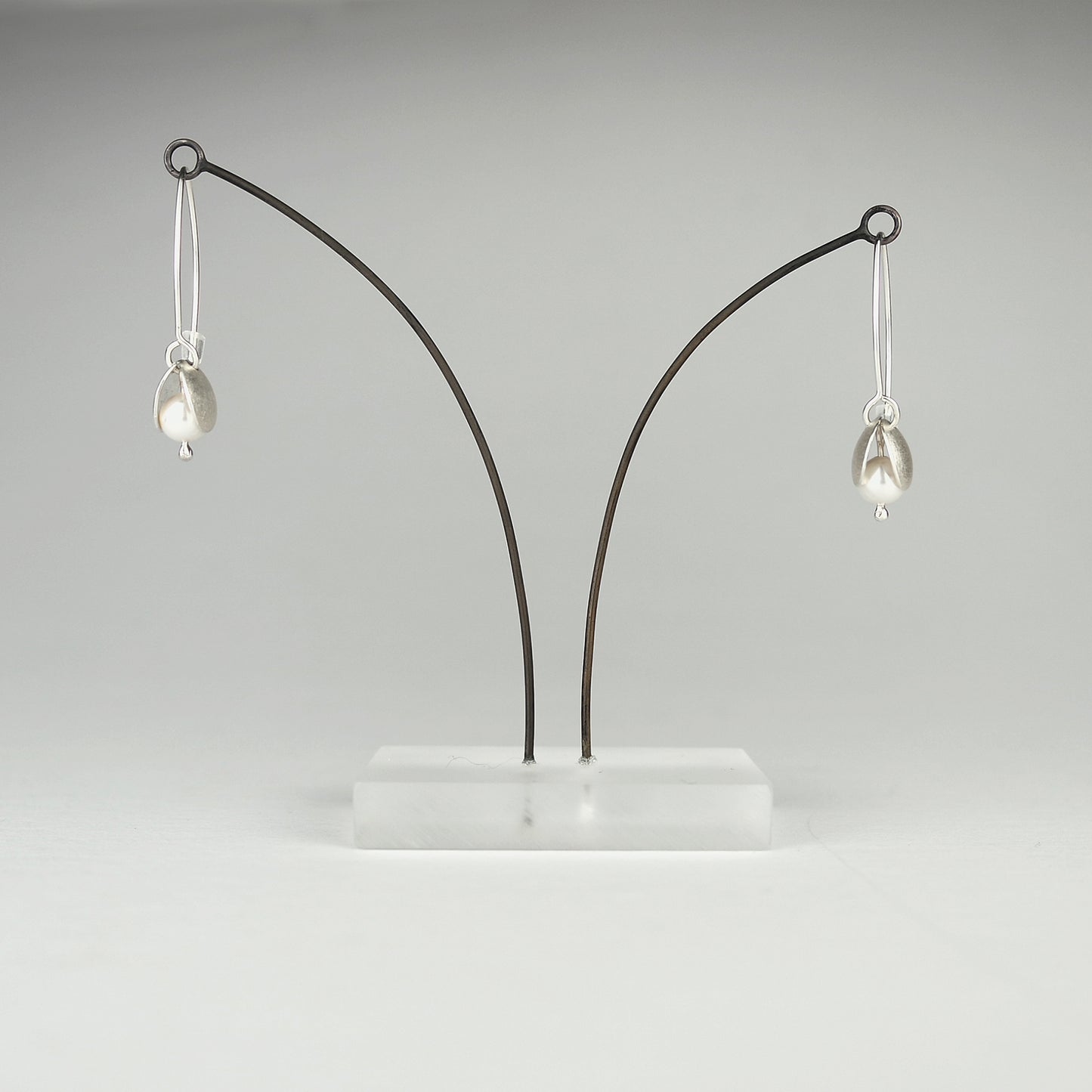 Small Flower Bud Silver Long Wire Earrings with Crystal Pearls