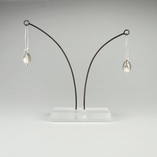 Small Flower Bud Silver Long Wire Earrings with Crystal Pearls