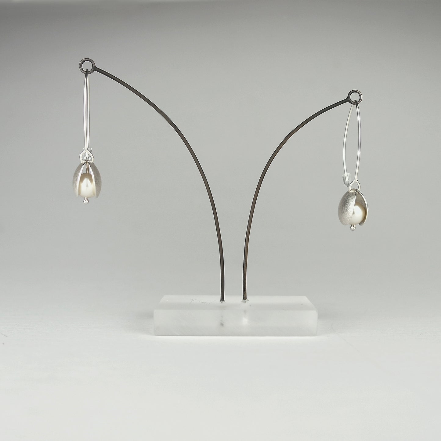 Large Flower Bud Silver Long Wire Earrings with Crystal Pearls