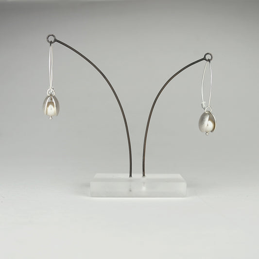 Large Flower Bud Silver Long Wire Earrings with Crystal Pearls