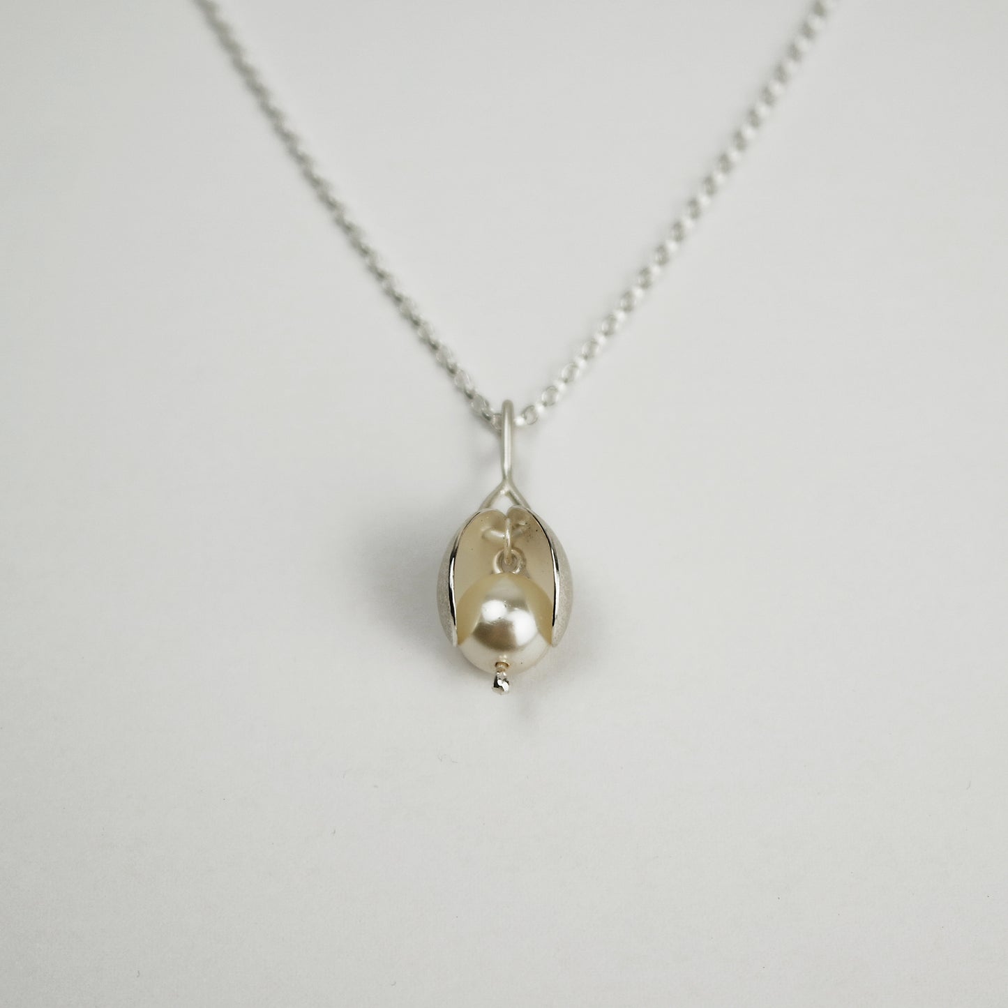 Flower Bud Silver Necklace on Fine Chain with Crystal Pearl