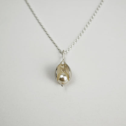 Flower Bud Silver Necklace on Fine Chain with Crystal Pearl