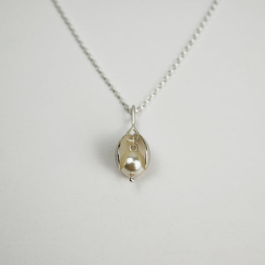 Flower Bud Silver Necklace on Fine Chain with Crystal Pearl