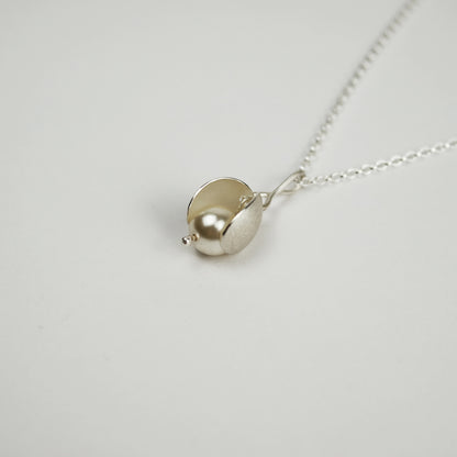 Flower Bud Silver Necklace on Fine Chain with Crystal Pearl