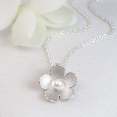 Small Single Blossom Silver Necklace with Crystal Pearl