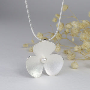 Poppy Silver Pendant on Snake Chain with Crystal Pearl