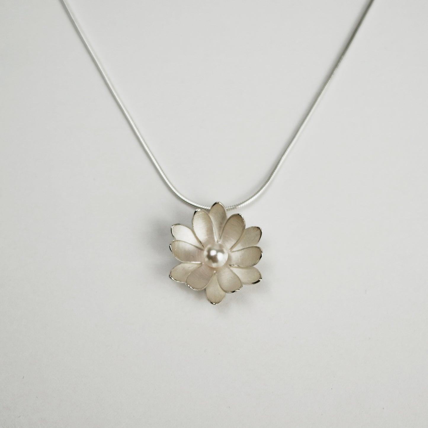 Double Layer Daisy Silver Pendant on Snake Chain with Crystal Pearl