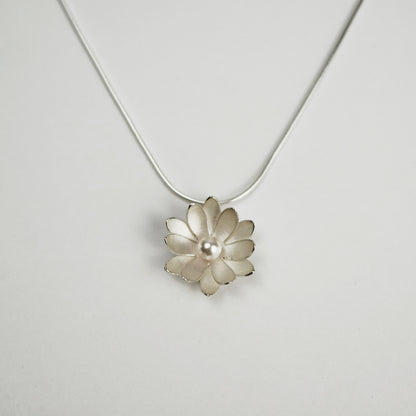 Double Layer Daisy Silver Pendant on Snake Chain with Crystal Pearl