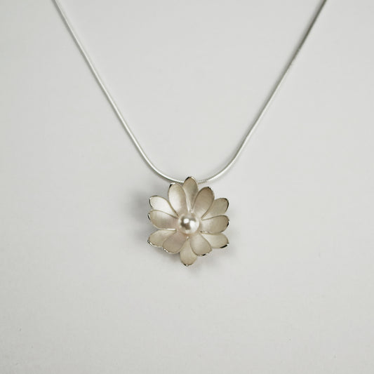Double Layer Daisy Silver Pendant on Snake Chain with Crystal Pearl