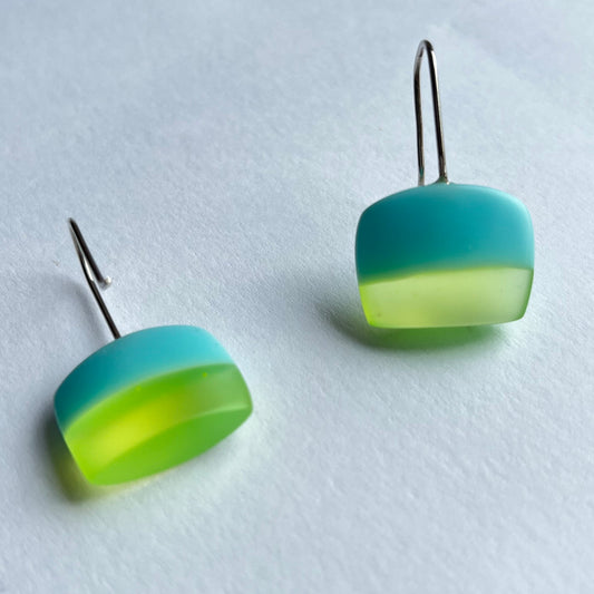 Rounded Square Resin Earrings in Neon Yellow and Light Blue