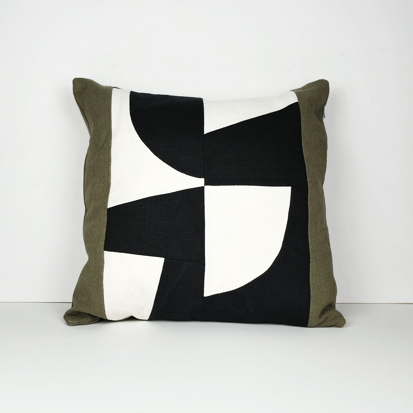 Graphic Patchwork Cushion in Black, White and Brown