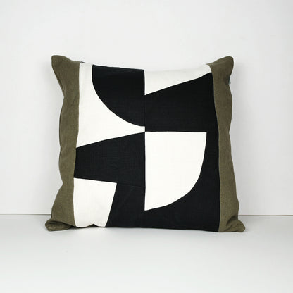 Graphic Patchwork Cushion in Black, White and Brown