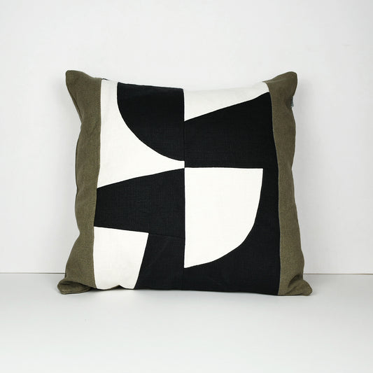 Graphic Patchwork Cushion in Black, White and Brown