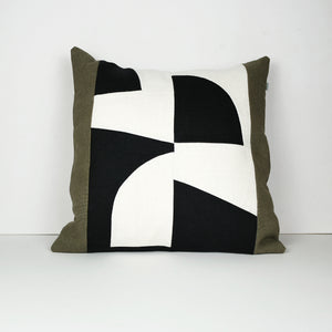 Graphic Patchwork Cushion in Black, White and Brown