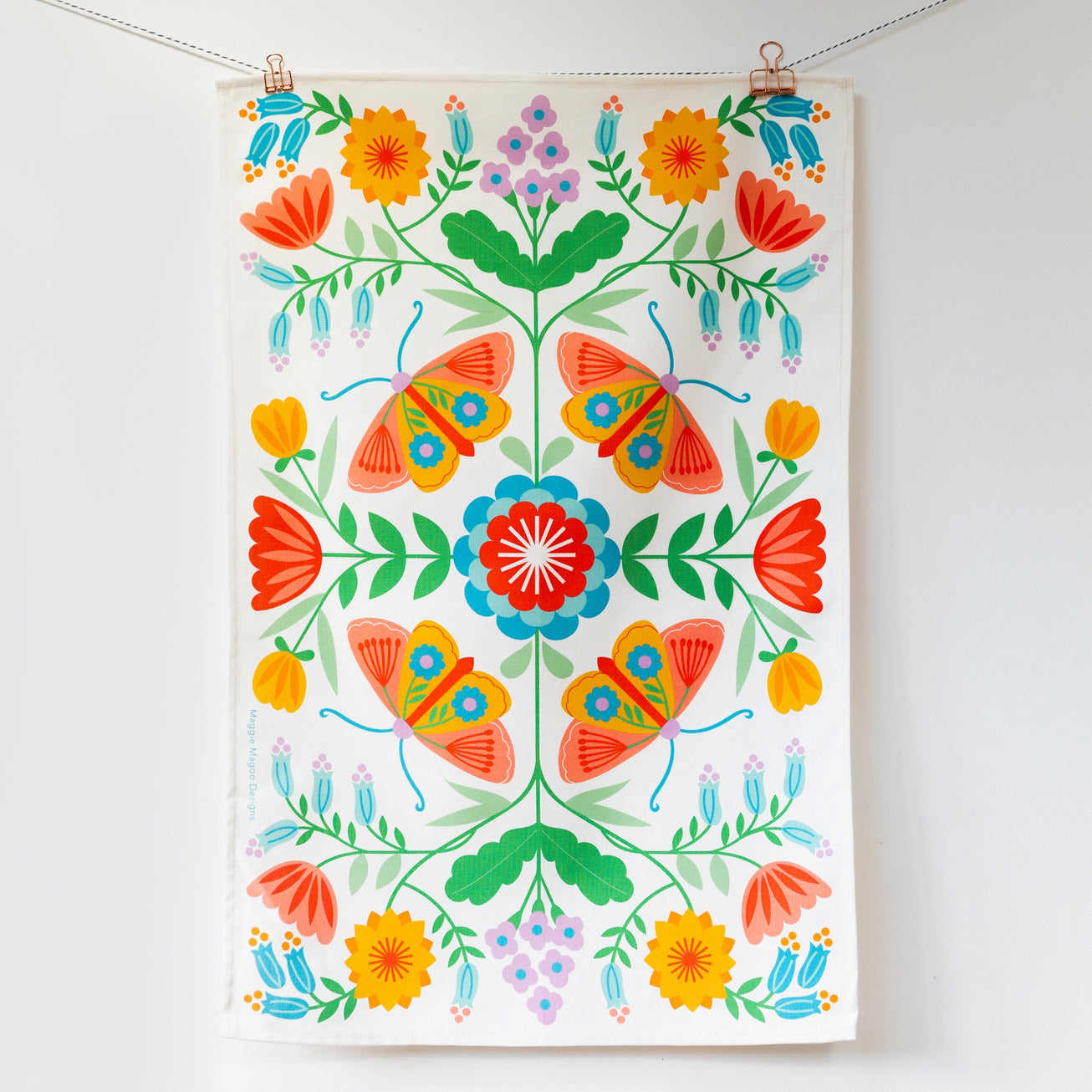 Moth & Floral White Tea Towel