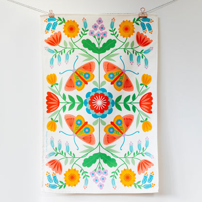 Moth & Floral White Tea Towel